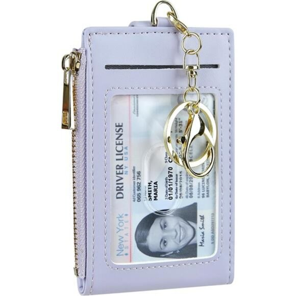 RFID blocking leather card holder slim zipper keychain wallet with ID window - Picture 1 of 8